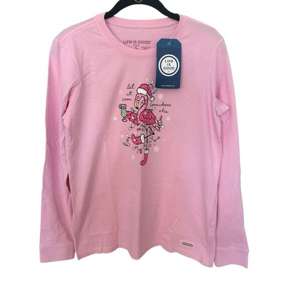 Life Is Good Let It Snow Flamingo Long Sleeve Crusher Tee Sz Small Seashell Pink - Picture 2 of 7